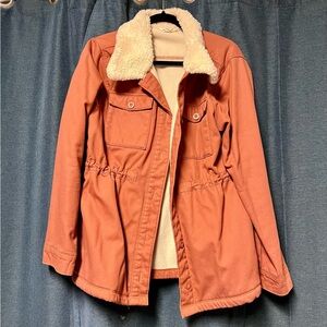 Hang Ten Women's Utility Fleece lined Jacket Plush Collar- Rust Orange